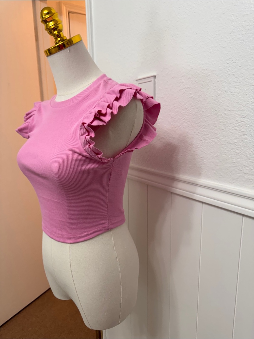 Zara Pink Ruffle Sleeve Ribbed Crop Top - Picture 3 of 5